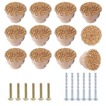 Imagem de YuGtcen 12 maçanetas de armário de madeira, puxadores de cômoda de madeira boho puxador de armário de cozinha puxador de tecido de vime para móveis armário gaveta gaveta porta de armário (natural)