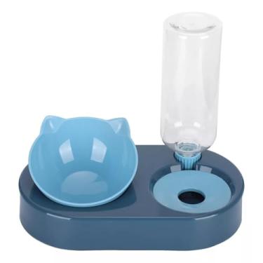 Imagem de Bebedouro e Comedouro para Gatos 2 em 1, com garrafa 500ml, tigela inclinada antivômito, base alta, fácil de limpar, ideal para ração e água, acessório pet ergonômico (Azul, Médio)