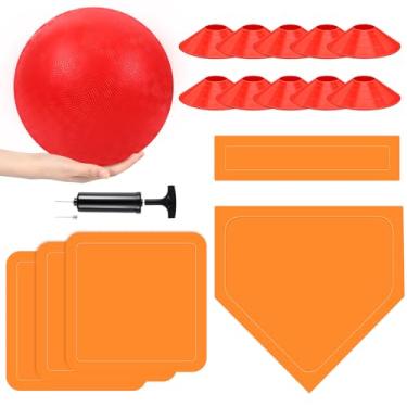 Imagem de Hiboom Conjunto de 16 peças de kickball esportivo inclui bola de playground de 25 cm, 5 bases de borracha para baixo, bomba de bola 10 cones de linha suja para crianças, adultos, playground, escola,