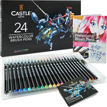 Imagem de Castle Art Supplies Conjunto de canetas pincel aquarela | 24 cores vivas, com pontas de nylon flexíveis | Para colorir adultos, pintura, letras – artistas e iniciantes | Estojo de viagem com caneta