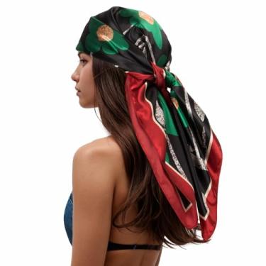Imagem de RIIQIICHY Lenço de cabeça feminino como lenço de seda lenço de cabelo impresso lenço quadrado bandanas para mulheres 89 centímetros, preto/vermelho/verde/dourado, G