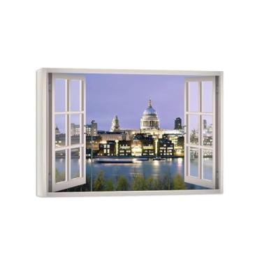 Imagem de Impressão lona janela falsa-Lago Palácio-Imagem arte parede paisagem-Pintura moderna para banheiro decoração 50x70cm20x27in Tela Embrulhada