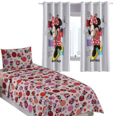 Imagem de Kit Quarto Infantil Minnie Basic Cortina + Jogo de Cama 100% Algodão 3 Peças Solteiro Personagens