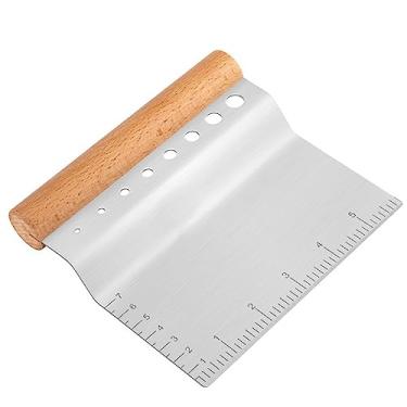 Imagem de Ferramenta raspadora de massa, 2 peças de cortador de massa de aço inoxidável, raspador de creme, espátula, espátula, raspador de massa com cabo de madeira, escala de medição para pão e pizza