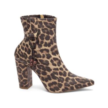 Imagem de EMILY ONLINE, Bota Feminina Cano Curto Salto Alto Grosso 9 cm Bico Fino com Ziper e Cordão Lateral Animal Print (Onça, 36)