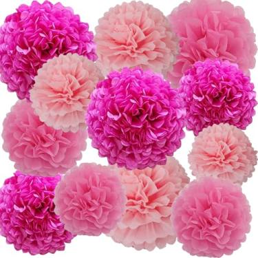 Imagem de SIPRKAICT Pompons De Papel Seda Rosa Choque Para Pendurar, 12 Flores Pompom Decoração Festa No Teto (Rosa Choque, E Claro)