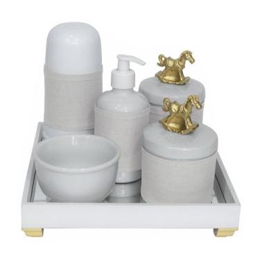 Imagem de Kit Higiene Pote Porcelana Térmica Bandeja Cavalinho Dourado - Potinho