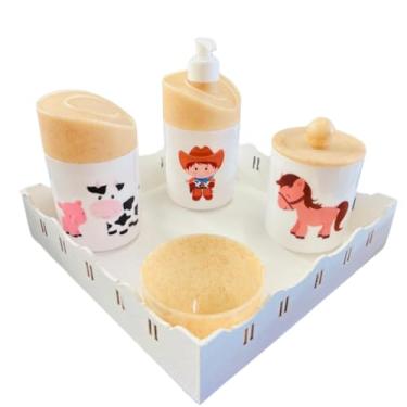 Imagem de Kit Higiene Baby Fazendinha Menino c/bandeja em MDF (Quadrada Branca/Madeira)