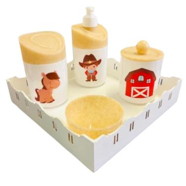 Imagem de Kit Higiene Baby Cowboy Menino c/bandeja em MDF (Quadrada Branca/madeira)