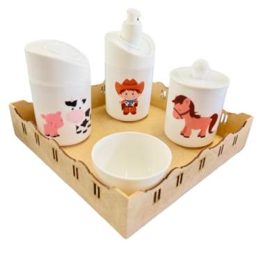 Imagem de Kit Higiene Baby Fazendinha Menino c/bandeja em MDF (Quadrada Crua/Branca)