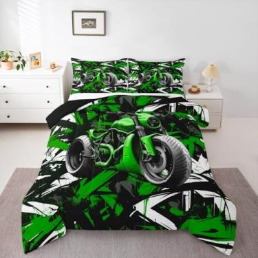 Imagem de Feelyou Conjunto de edredom infantil verde para esportes radicais, decoração de quarto de meninos, meninas, adolescentes, corrida, motocross, motociclista, edredom geométrico, macio, 3 peças