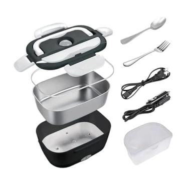 Imagem de Ioensy Lancheira elétrica de aço inoxidável, recipiente para almoço, aquecedor de alimentos, conveniente com alça, aquecedor de alimentos para atividades ao, Preto Branco