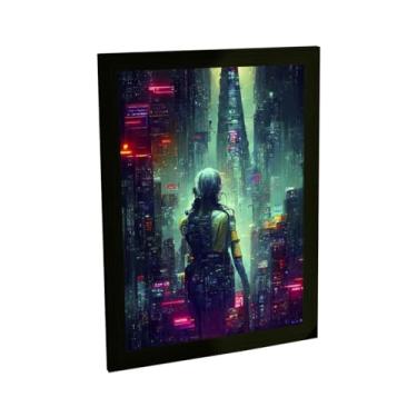 Imagem de Quadro Decorativo Garota Cyberpunk Ilustração Futurista Verde Poster Quarto Sala