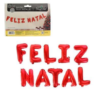 Imagem de Kit Balões Metalizados Feliz Natal, 37cm x 30cm, Vermelho, com Assoprador e 6m de Fitilho