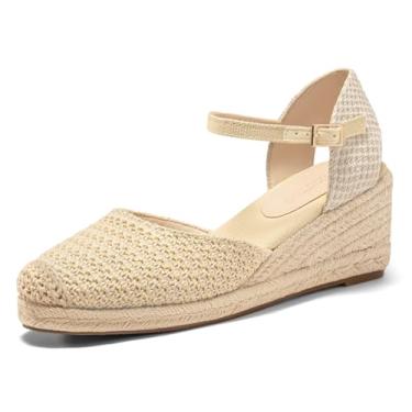 Imagem de Coutgo Sandálias femininas plataforma plataforma, alpargatas, ráfia, bico fechado, salto e fivela no tornozelo, sapatos de praia de verão, Damasco, 41