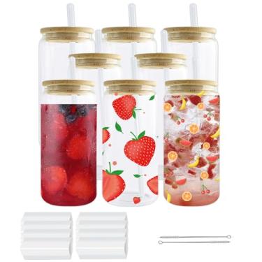 Imagem de Kocdam Copos de vidro de sublimação em branco com tampas e canudos de bambu conjunto de 8 xícaras de café gelado reutilizável de 473 ml, copos para beber latas de cerveja, copo fofo para smoothie,