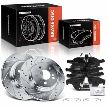 Imagem de A-Premium Rotores de freio a disco traseiro perfurado e ranhurado de 11,81 polegadas (300 mm) + kit de pastilhas de cerâmica compatível com modelos selecionados Mercedes-Benz - C250 2012-2015, C300,