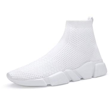 Imagem de Tênis de corrida esportivo casual para meninos e meninas da CHUI, de malha, leve e fácil de caminhar, sem cadarço, para corrida (criança pequena/criança grande), Hightop White, 3 Little Kid