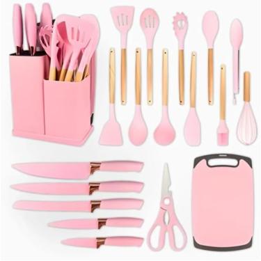 Imagem de Utensilios para Cozinha Silicone Kit com 19 Peças Cabo Madeira Conjunto Completo Espátula Concha Colher Jogo Suporte Faca Antiaderente Tabua Tesoura Faqueiro Rosa