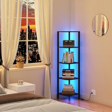 Imagem de TUTOTAK Prateleira de canto com luz LED, estante de canto de 5 camadas para espaços pequenos, suporte de prateleira de canto estreito com rack de armazenamento, para sala de estar, quarto, preto