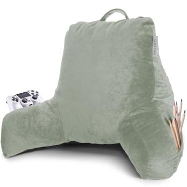 Imagem de Clara Clark Almofada de leitura para cama com espuma viscoelástica desfiada, suporte para as costas para sentar no sofá, cadeira ou chão, encosto adulto com braços e bolsos, capa lavável para descanso