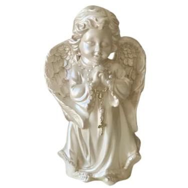 Imagem de Anjo Decorativo em Gesso, 20 cm Altura x 10 cm Largura, Branco com Terço Estilo Religioso Presente Católico Manto Decoração Imagens Lembrança Filho dia das Mães crianças natal (Branco Pérola)