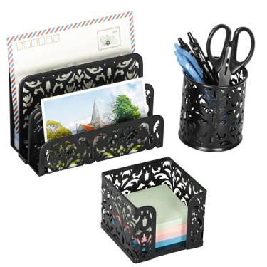 Imagem de EasyPAG Organizadores de mesa e acessórios de 3 peças, conjunto organizador de escritório – suporte de caneta para mesa, mesa de correio e suporte de anotações, preto