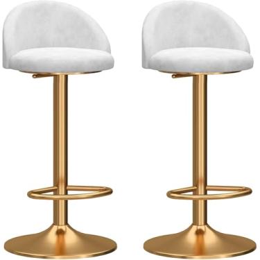Imagem de Conjunto De 2 Bancos De Bar, Cadeira Ajustável Giratória Mecânica, Encosto Curvado De Veludo & Base Dourada Com Apoio Para Os Pés, Banquetas De Bar De Cozinha Para Café Da Manhã, White, One Size