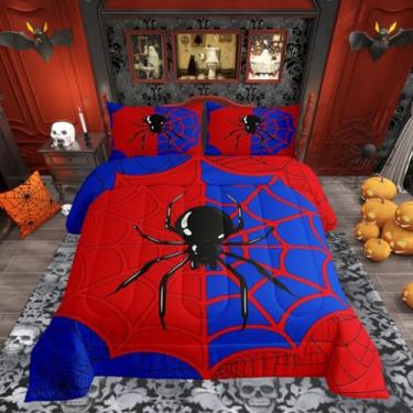 Imagem de Conjunto de edredom infantil de teia de aranha, aracnídeo preto, aracnídeo, animais, decoração de quarto para meninos, meninas, mulheres, homens, edredom gótico de Halloween, vermelho e azul, 2