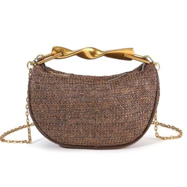 Imagem de Bolsa clutch de palha feminina mini bolsa de verão moderna bolsa transversal de ombro com alça de corrente, Marrom palha, 8.7 x 2.6 x 5.5 inches / 22 x 6 x 14 cm