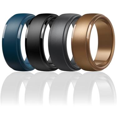 Imagem de Egnaro Anéis de casamento de silicone masculinos: anel de borracha clássico preto - hipoalergênico para academia/ar livre/presente (pacote variado de 1/4/7 com meio tamanho), 9.5-10, Silicone, Sem