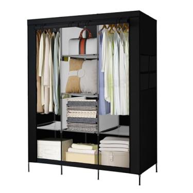 Imagem de PLKO Armário portátil, organizador de guarda-roupa, armário portátil, porta rolante com capa de tecido Oxford preto para quarto, (preto)