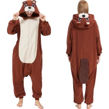Imagem de CUTTUECD Macacão de animal adulto, lontra, castor, marmota, fantasia de Halloween, peça única, cosplay para mulheres e homens, Castor, P