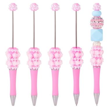Imagem de Spritewelry Canetas com contas de flor de pérola, 5 peças, rosa extravagante, rosa, brilhante, contas, faça você mesmo, caneta esferográfica de tinta preta de plástico para escritório, escola