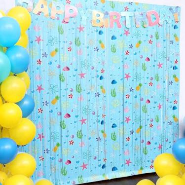 Imagem de Pacote com 2 cortinas amarelas de franja de folha de festa de desenho animado sob o mar, decorações de festa de aniversário, tema oceânico, adereços de cabine de fotos para crianças, chá de bebê