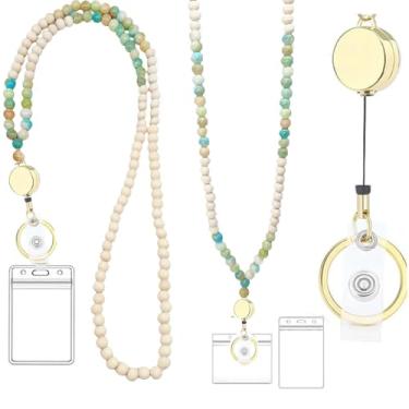 Imagem de Cordão com suporte de identidade, lindos cordões de pedra de madeira para crachás de identificação, cordão retrátil com contas para mulheres, professores (verde)