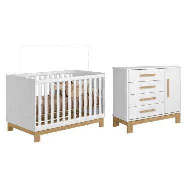 Imagem de Jogo De Quarto Infantil Q Encanto Slim Cômoda E Berço Mini Cama Branco Acetinado - Qmovi Branco Acetinado