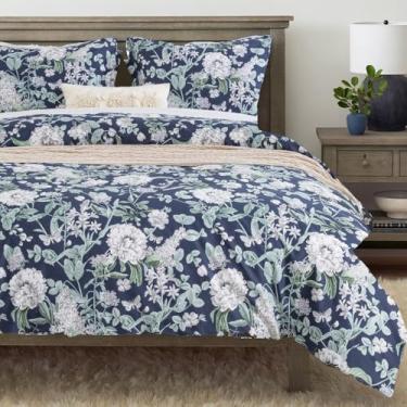 Imagem de Conjunto de capa de edredom Twin GG 152 cm x 236 cm, roupa de cama estampada de algodão para cama de solteiro extra longa, estampa de jardim escuro, azul floral florido