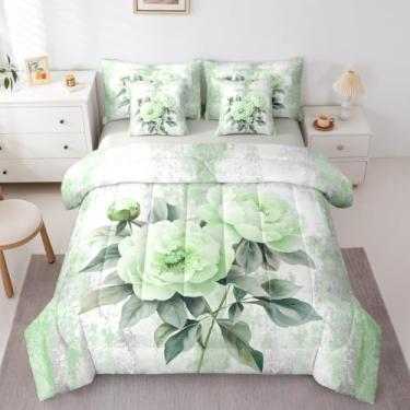 Imagem de Erosebridal Conjunto de cama casal de flores de peônia em aquarela com pintura a óleo abstrata em uma bolsa, conjunto de edredom rústico com lençol ombré, verde, cinza e branco