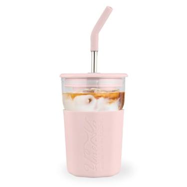Imagem de wangsdjy Copo de vidro de 425 g com canudo e tampa - xícara de café gelado, copo de smoothie com manga de silicone e coador de chá, copo de vidro para vitaminas, chá de flores, café, sucos (rosa)