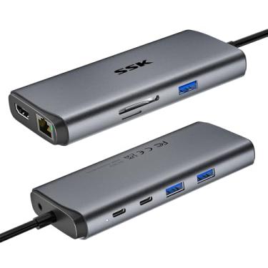 Imagem de SSK Hub USB C para laptop, base USB-C de 10 Gbps com Ethernet, HDMI 4K 60Hz, estação de ancoragem MacBook 10 em 1, adaptador multiportas para laptops/dispositivos com HDMI, USB3.2, SD/TF, 100W PD