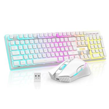 Imagem de RedThunder Combo de teclado e mouse para jogos sem fio K10, bateria recarregável com retroiluminação RGB de 3800 mAh, teclado anti-ghosting com sensação mecânica + mouse 7D 3200DPI para jogadores de