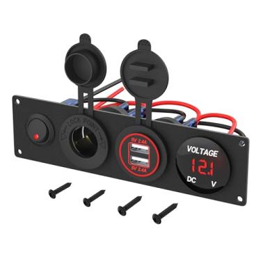 Imagem de RVMARINEPAT Painel USB 4 em 1 de 12 V com voltímetro de LED e soquete de carregador USB duplo e soquete de isqueiro e painel de interruptor de plugue iluminado por LED vermelho para barco, carro