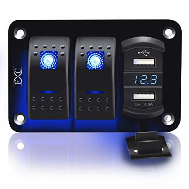Imagem de Painel de alumínio Purishion 2 Gang Rocker Switch com voltímetro e USB duplo (4,8 Amps), carregamento rápido, LED retroiluminado azul, pré-fio IP65 à prova d'água para fuzileiros navais, barcos