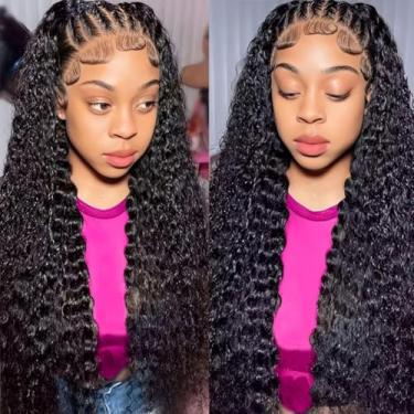 Imagem de Perucas de cabelo humano encaracolado trançado 33 x 15 cm pré-arrancadas densidade HD transparente onda profunda peruca frontal cabelo humano 61 cm