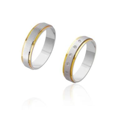 Imagem de Par de Alianças de Casamento Afrodite Ouro 18k Aplique Central Ouro 18