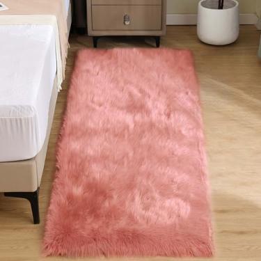 Imagem de Goolela Tapete de corredor peludo fofo rosa 5 x 15 cm rosa claro pele de carneiro sintética para quarto de meninas tapete de cabeceira felpudo lavável retangular