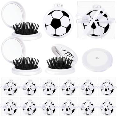 Imagem de Conjunto de 12 mini pincéis de espelho desembaraçador de futebol com fitas, mini escova de cabelo para viagem, cerdas flexíveis macias sem emaranhamento para meninas adolescentes, presentes de time de