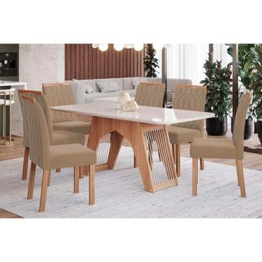 Imagem de Sala de Jantar Completa Carol Tampo Madeirado c/ Vidro 180x90cm e 6 Cadeiras Paola Nature/Suede Joli Chocolate - Cimol