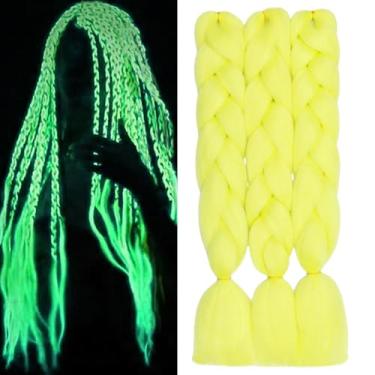 Imagem de 3 extensões de cabelo trançadas amarelas que brilham no escuro 61 cm extensões de cabelo coloridas sintéticas para tranças de cabelo neon jumbo trançado